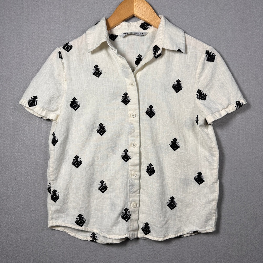 Zara Womens XS Cream Linen Blend Embroidered Geometric Short Sleeve Button Shirt